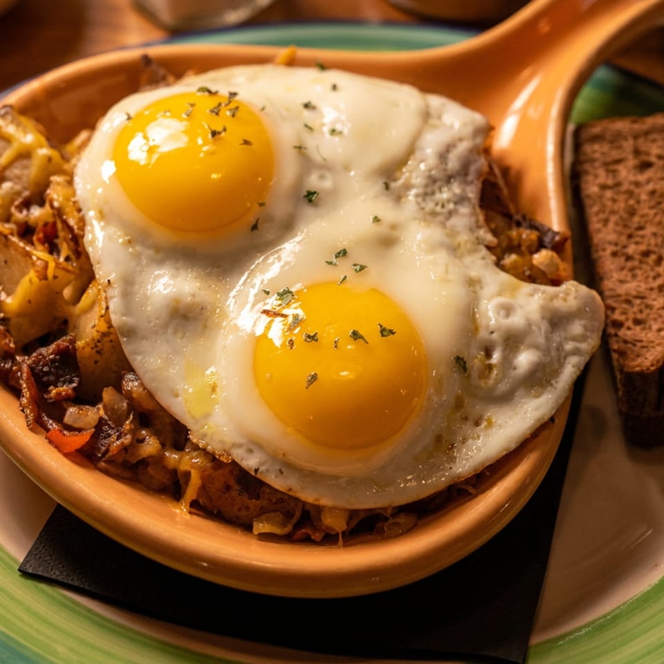 Breakfast skillet with two sunny-side-up eggs and a slice of dark bread.