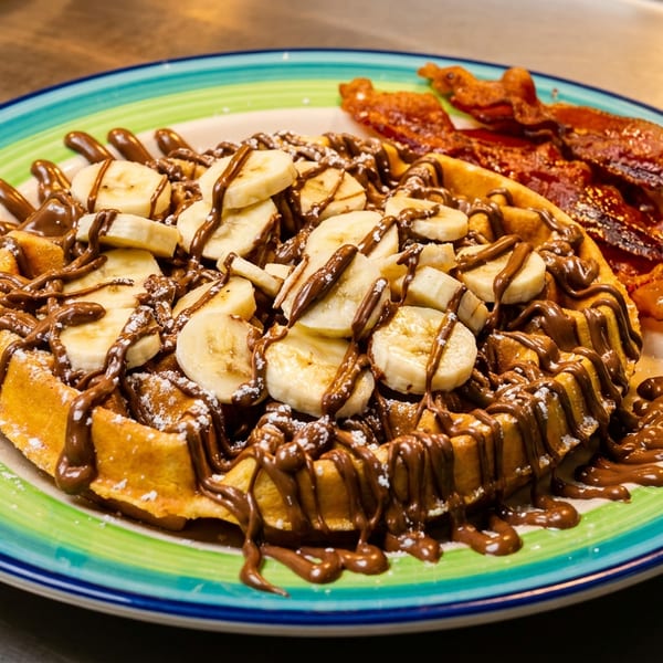 Waffle topped with bananas, chocolate drizzle, powdered sugar, and a side of bacon on a colorful plate.