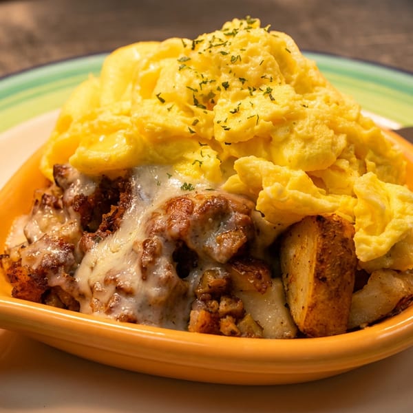Fluffy scrambled eggs atop a cheesy meat and potato breakfast skillet.