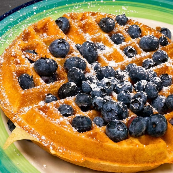 Golden waffle topped with fresh blueberries and powdered sugar, served with syrup and butter.